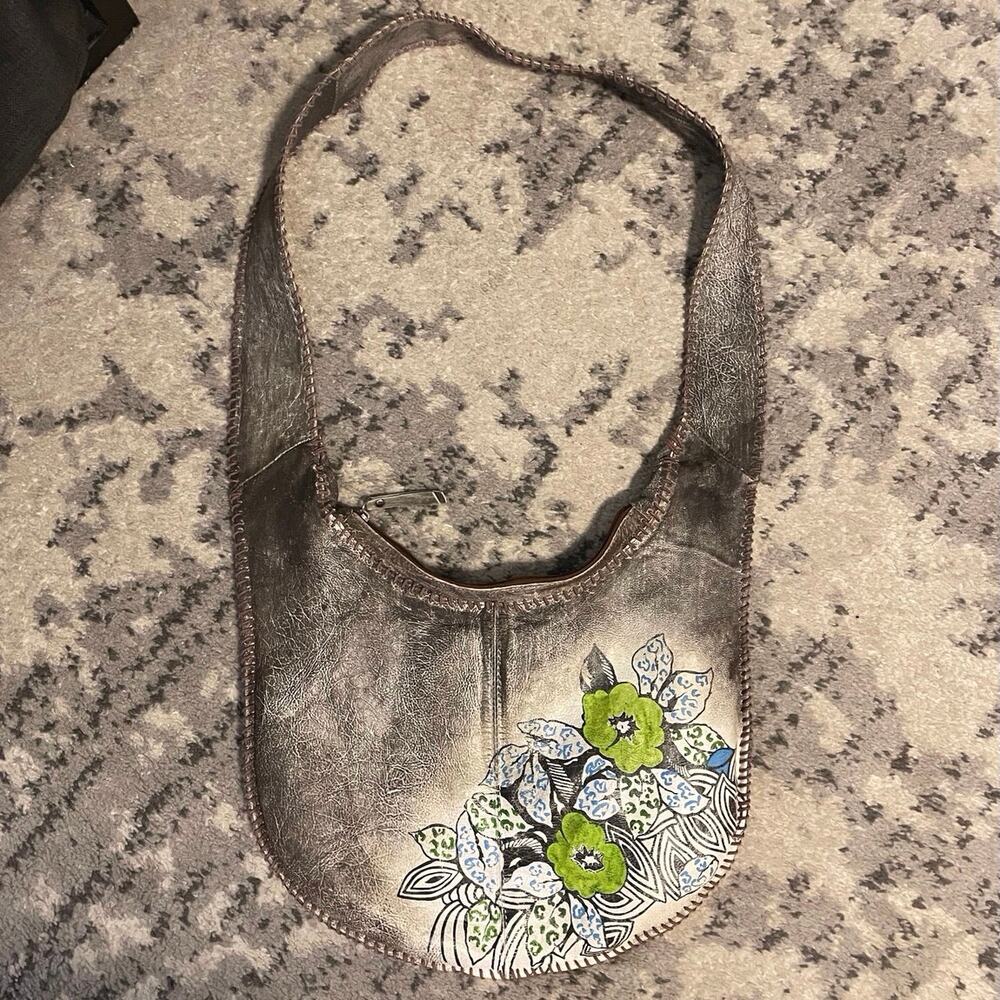 Metallic Silver Painted Floral Hobo Bag Whipstitch Boho Vegan Leather - Picture 2 of 3